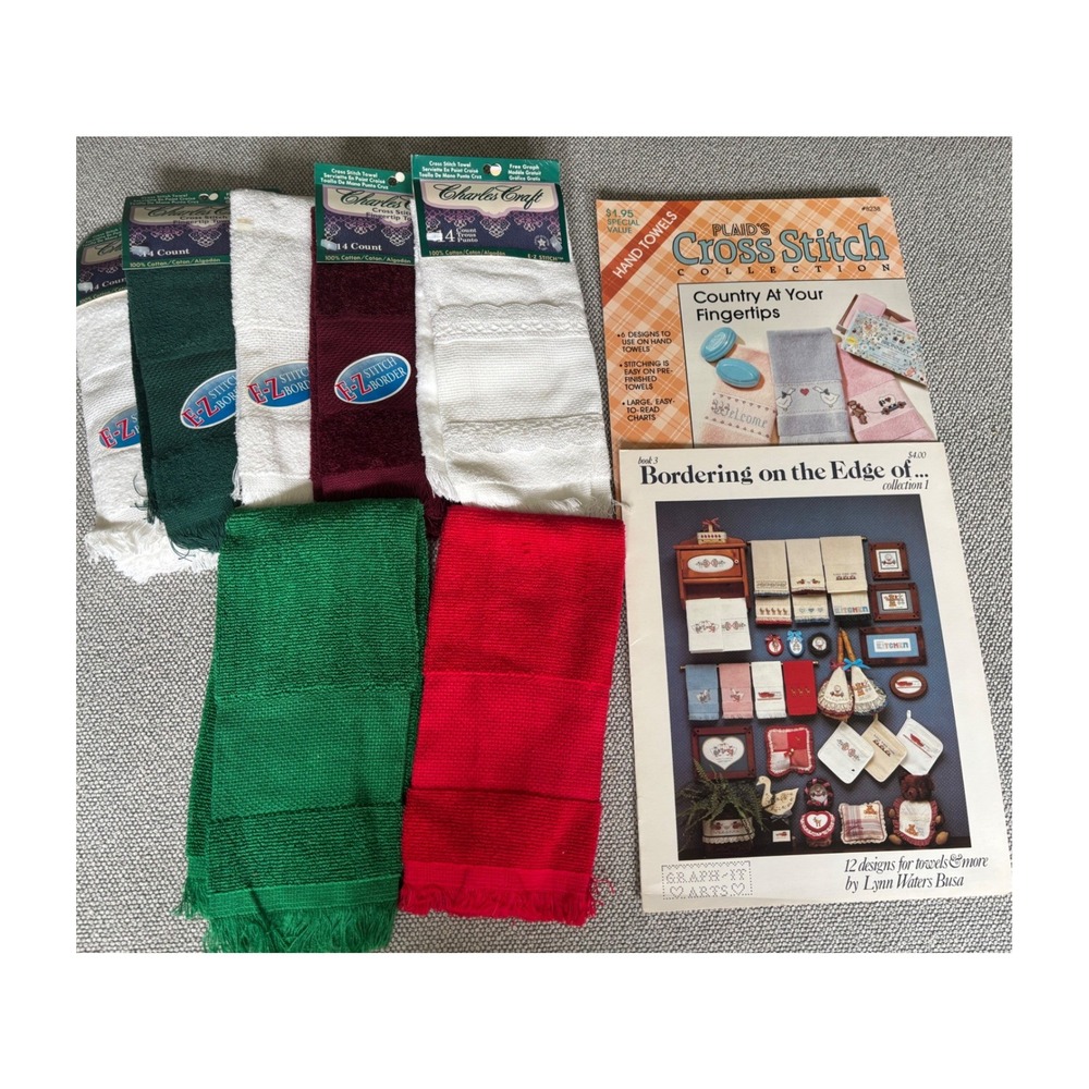 Lot Charles Craft E-Z Stitch Fingertip 7 Towels & Cross Stitch Pattern Books